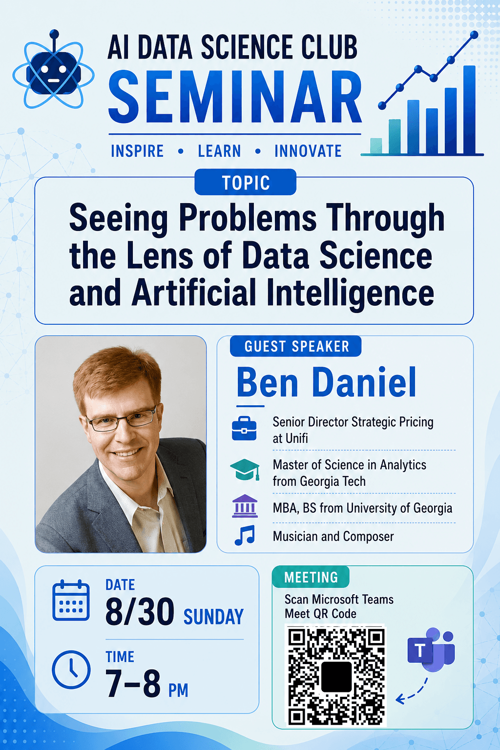 Flyer for Ben Daniel speaking about seeing problems through the lens of data science and artificial intelligence