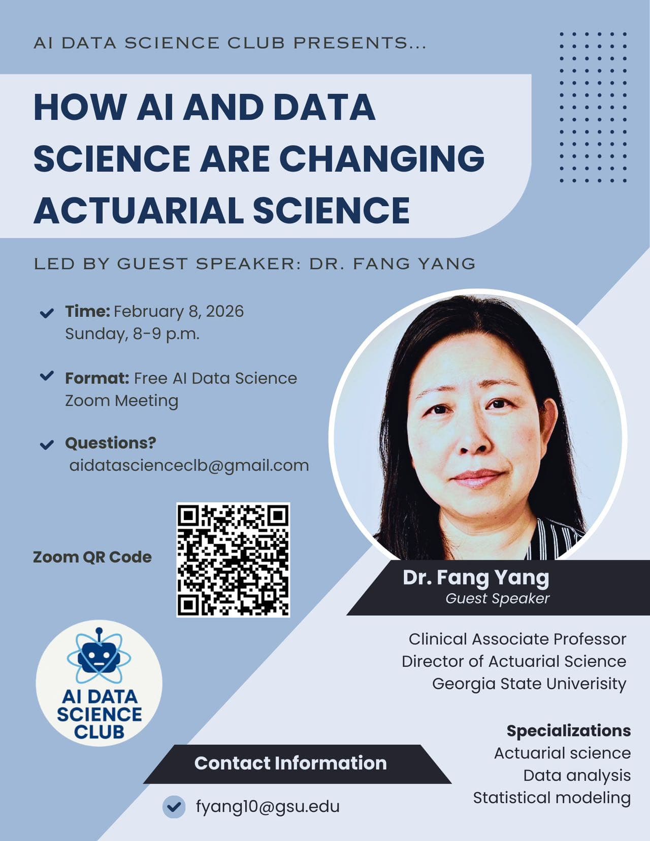 Flyer for Dr. Fang Yang speaking about AI, data science, and actuarial science