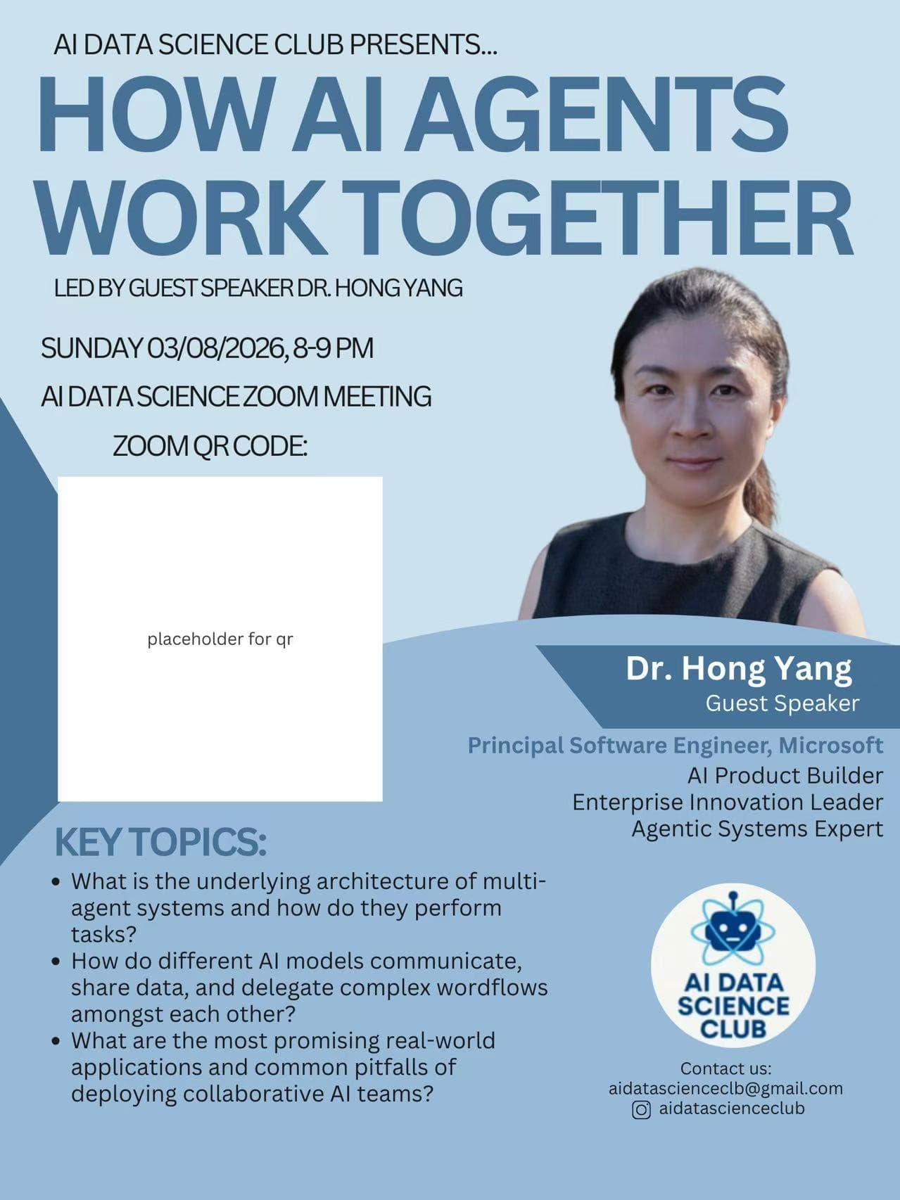 Flyer for Dr. Hong Yang speaking about collaborative AI agents