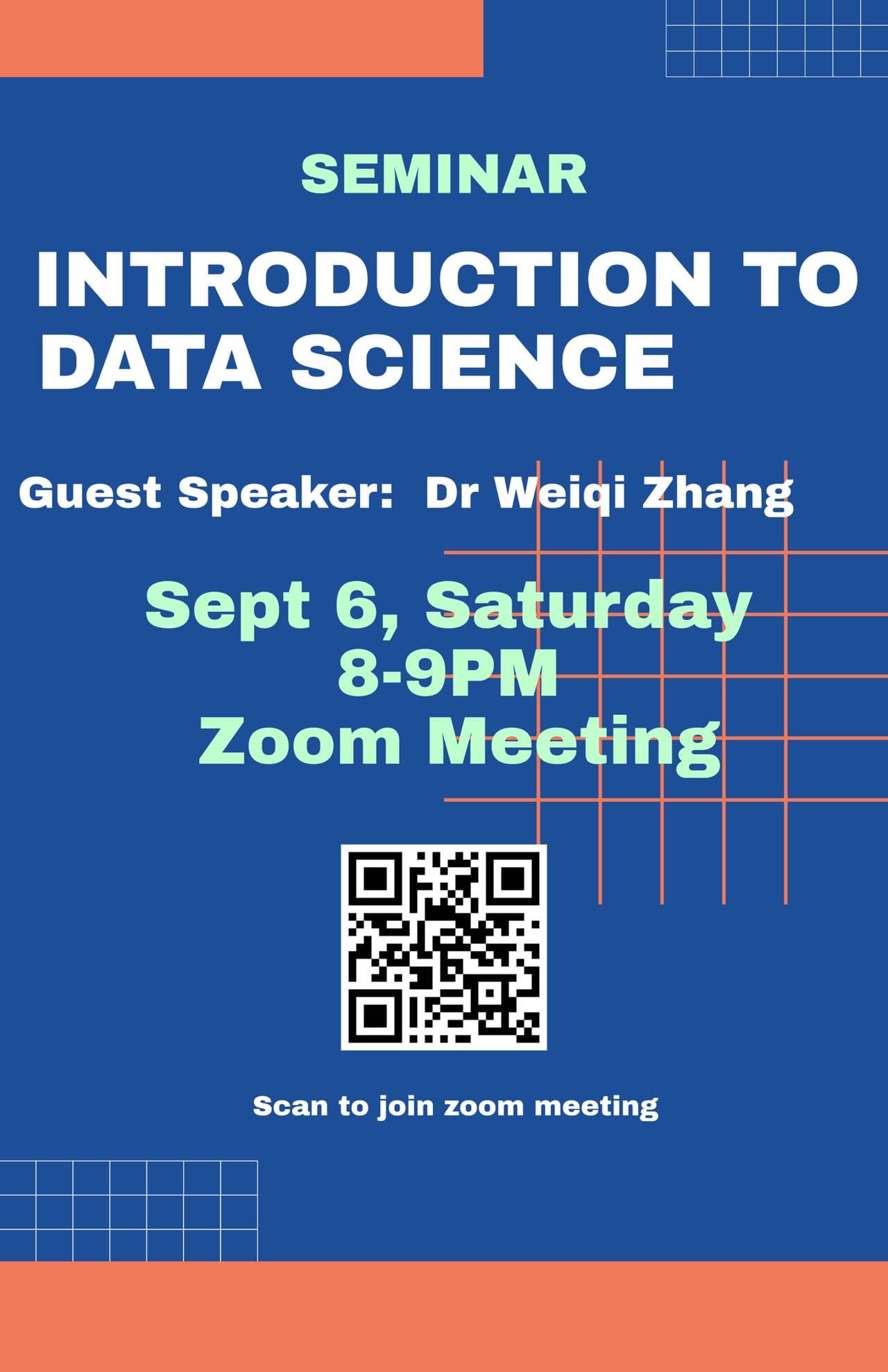 Introduction to Data Science seminar flyer featuring guest speaker Dr. Weiqi Zhang